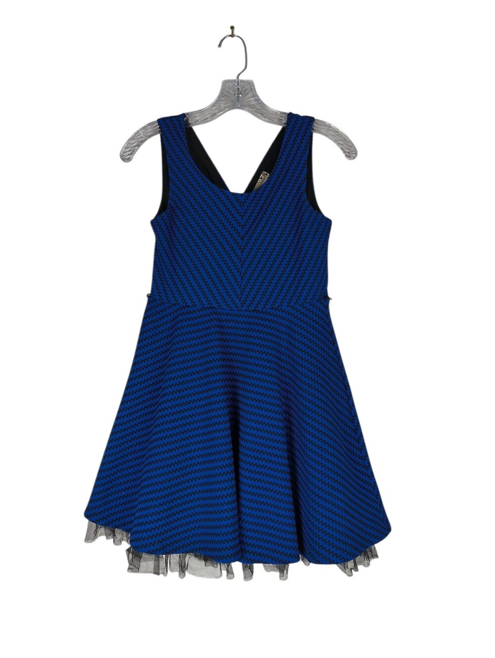 Knitworks Dress Girls 12 Blue Black Chevron Fit & Flare Sleeveless Tulle Casual